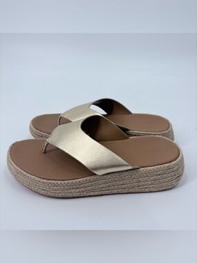 FitFlop Gold F-Mode Espadrille Leather Flatform Toe-Post Sandals